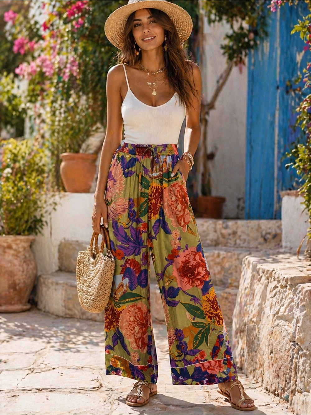 Boutique Floral Wide Leg Pants Elastic Waist XL Boho